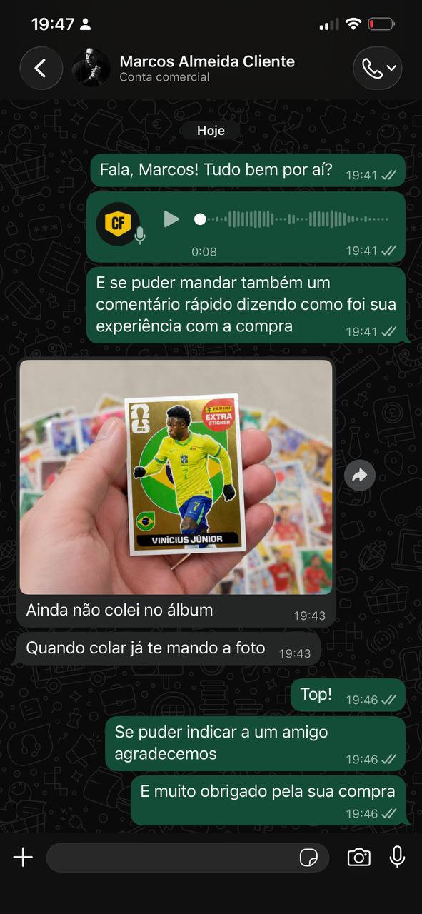 Print de WhatsApp do Marcos Almeida mostrando a figurinha extra do Vinícius Júnior